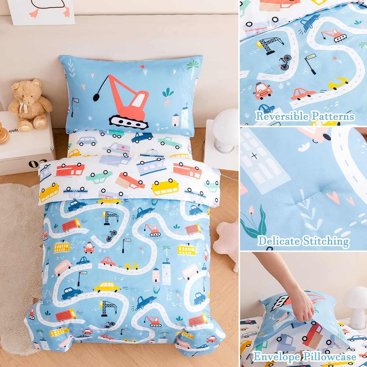 PERFEMET 4-Piece Toddler Bedding Set Boys Cars Toddler Comforter with Sheets Reversible Lightweight Blue Vehicles Toddler Bed Set for Crib(Blue, Cars) - Image 6