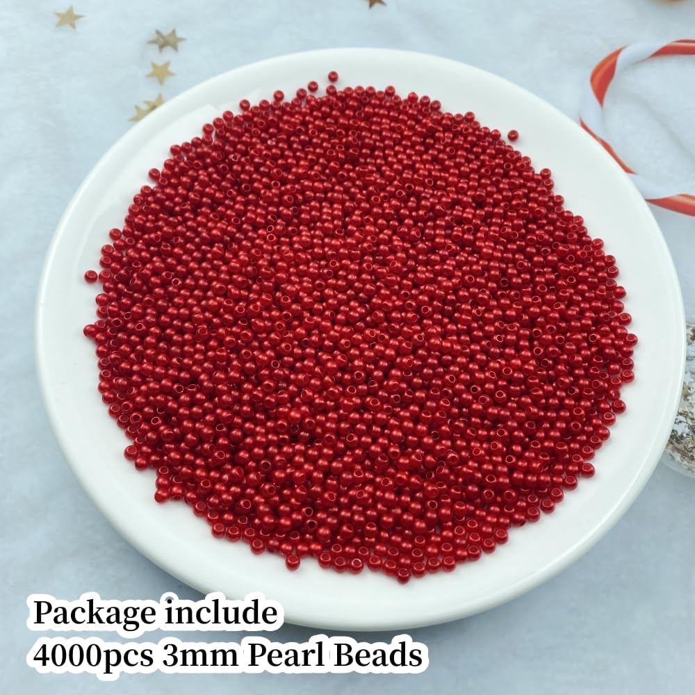 Pearl Beads, 4000 Pcs Craft Beads Loose Pearls 3mm Round Spacer Beads for Earring Bracelet Necklace Key Chains Jewelry DIY Craft Making,Decoration and Vase Filler(Red) - Image 2