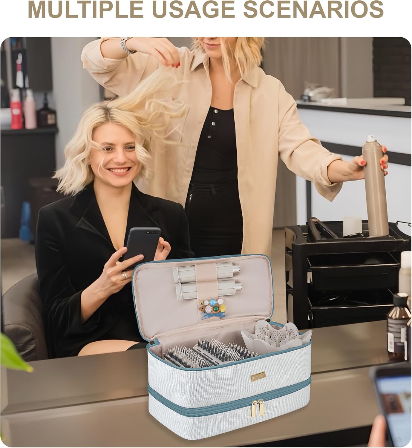 Travel Carrying Case for Shark FlexStyle Attachments & Dyson Airwrap, Hair Dryer Case, Double Layer, Teal - Image 6