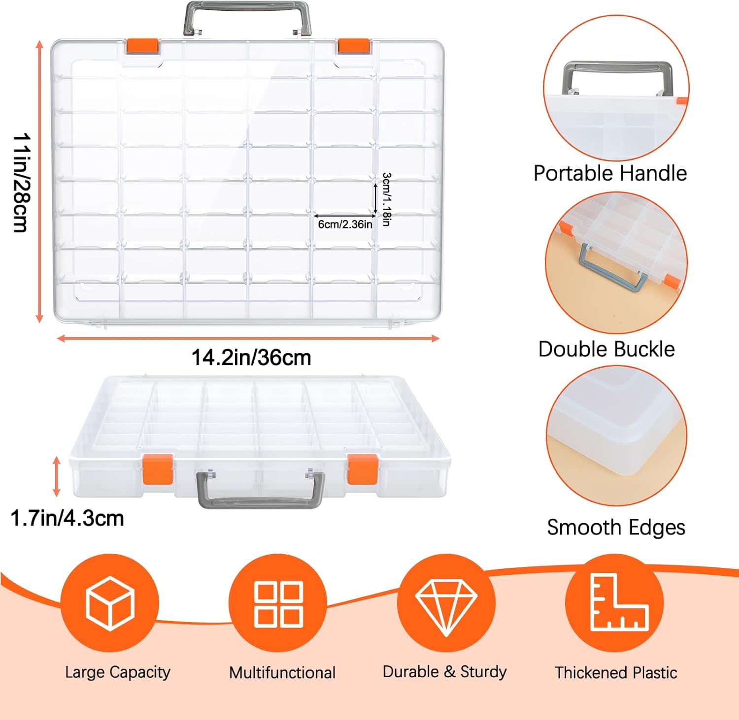 Bluedale 2 Pack 48 Grids Large Plastic Organizer Box with Adjustable Dividers, Beads Storage Containers Compartment Tackle Box Case for Crafts Hobby Small Parts Fishing Seeds Jewelry (Transparent)