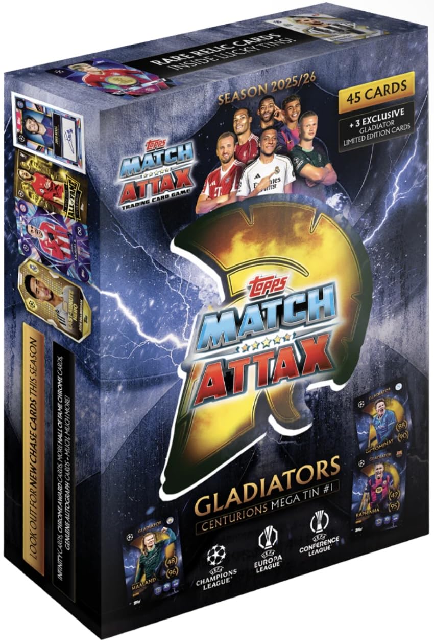 Match Attax 25/26 - New 2026 Random Mega Tin - Contains 45 Match Attax Soccer Cards + 3 Exclusive LEs + Bundle with Hassentials Soccer Sticker MA Cards