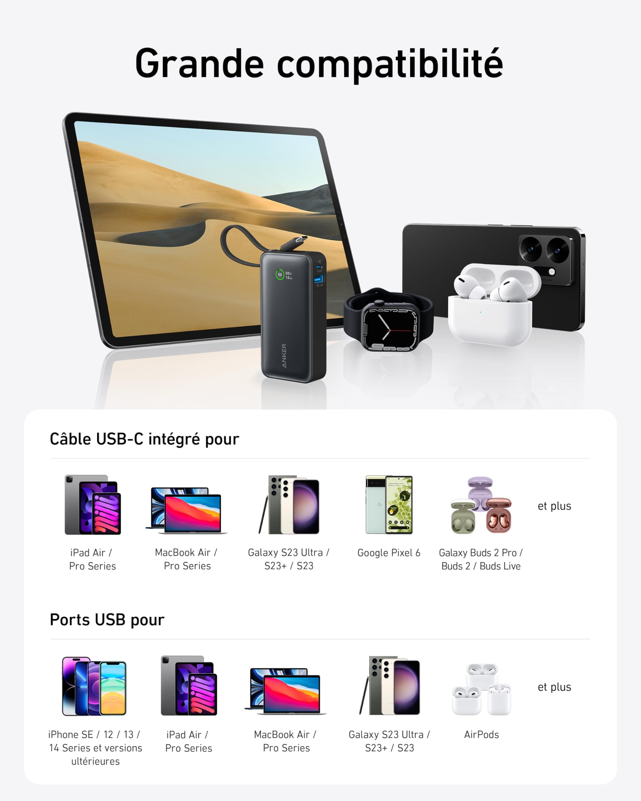 Anker Nano Batterie Externe 10000 mAh avec câble USB-C intégré, Puissance maximale PD 30 W avec 1 Port USB-C & A, Compatible avec iPhone 17 Pro Max16//15/14/13, MacBook, Galaxy, iPad, AirPods
