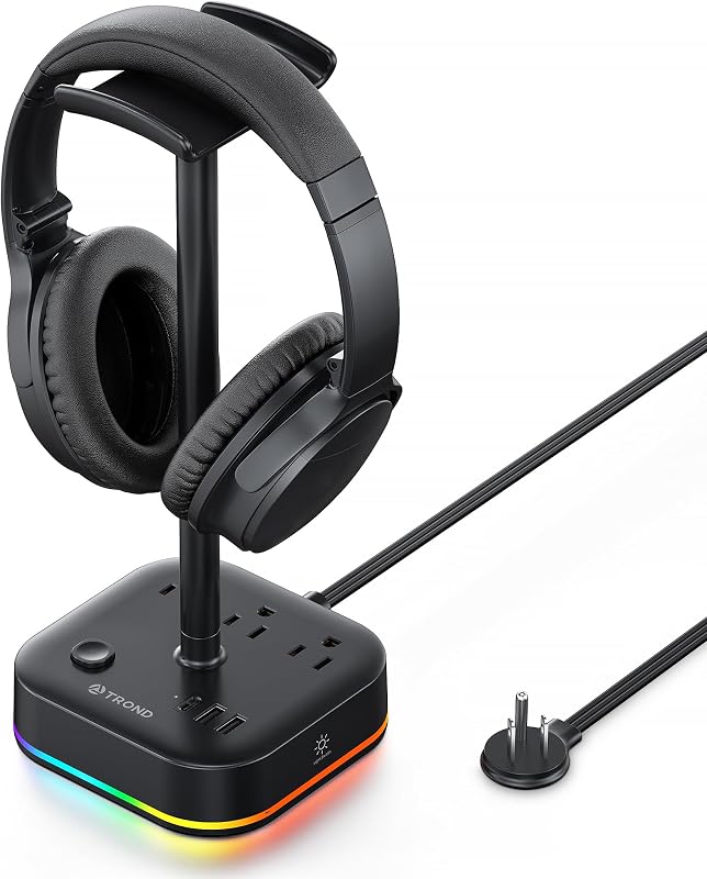 TROND Headphone Stand with USB C, Desk Gaming Headset Holder with 3 AC Outlets, 2 USB-A and 1 USB-C, Headset Stand with 5 RGB Light Modes, for Gaming Desk Accessories Gamer Boyfriend Gifts | 2 USB A and 1 USB C, Headset Stand with 5 RGB Light Modes, for Gaming Desk Accessories Gamer Gifts