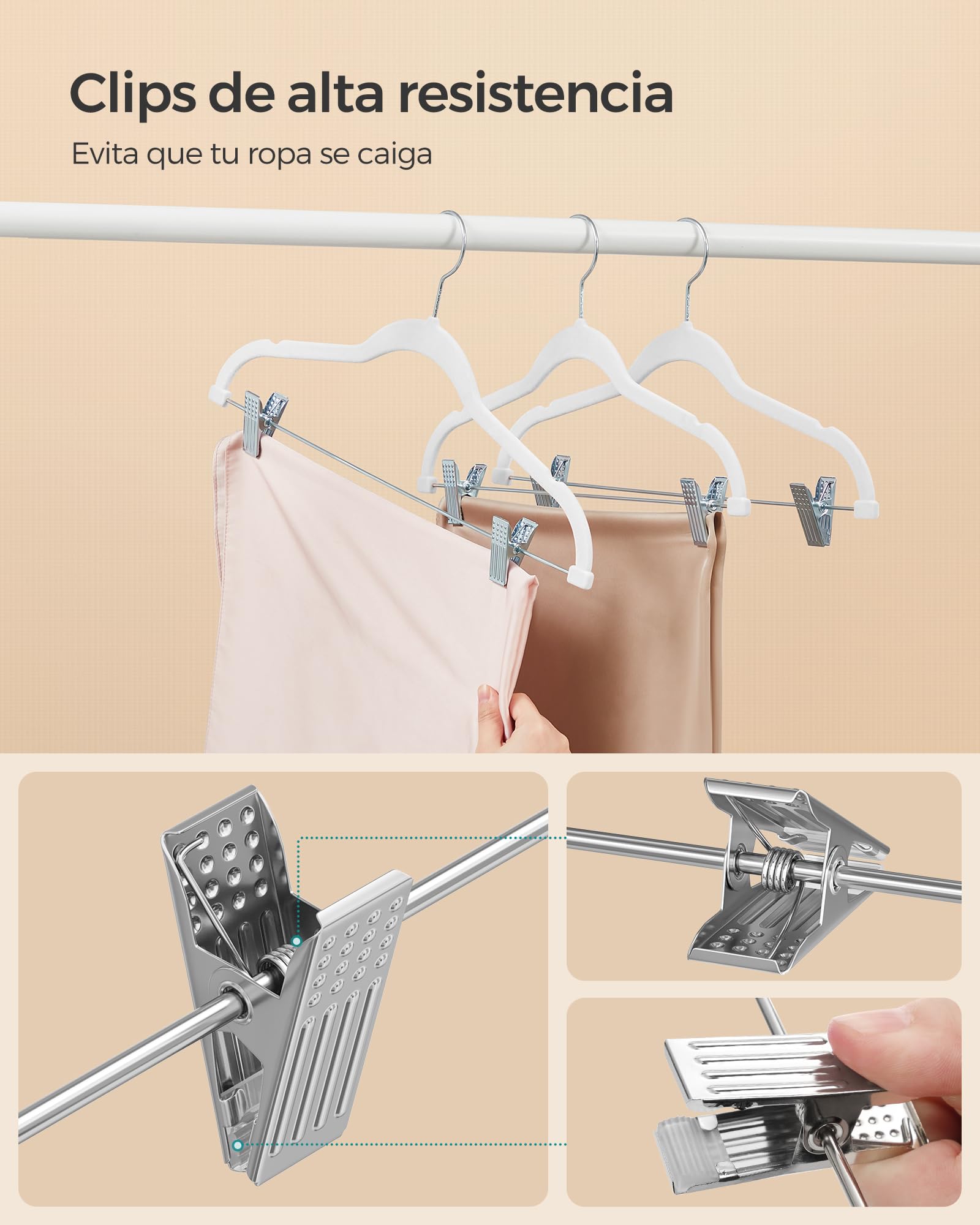 SONGMICS Perchas para Pantalones, 10 Perchas de Terciopelo, 42,5 cm de Largo, con Clips Ajustables, Antideslizantes, Ahorra Espacio, para Pantalones, Abrigos, Vestidos, Blanco CRF012W10