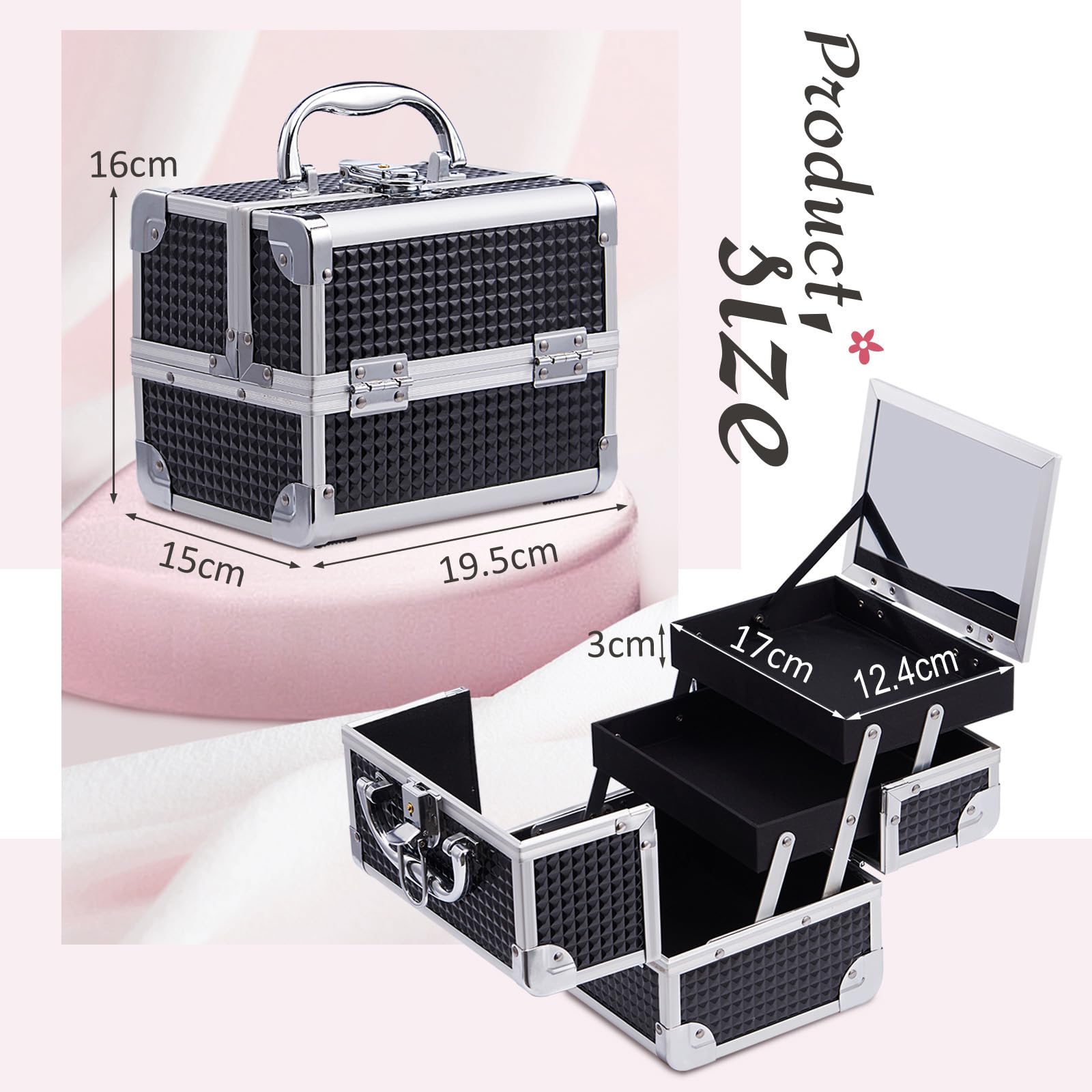 Joligrace Kosmetikkoffer Schminkkoffer Make up Koffer Beauty Case Kosmetik Make up Organizer Koffer Mit Schlüssel und Spiegel Nagelkoffer Verschließbar Multikoffer,Schwarz