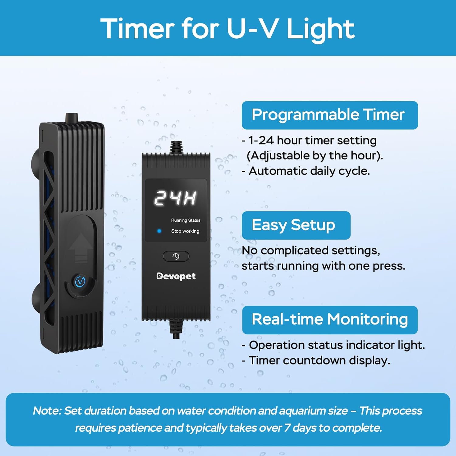 Aquarium U-V Light, Al-gae Control Light with 1-24H Timer, Compact Green Water Clean Lamp with Protective Shield, 3W for 3-20 Gallon Freshwater and Saltwater Tanks