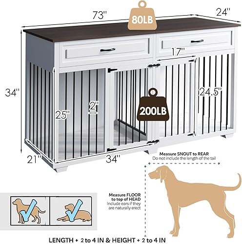 Miniatura 6 de Lovinouse Furniture Style - Jaula para perros con habitación doble, perrera de madera de 73 pulgadas con divisor extraíble, centro de