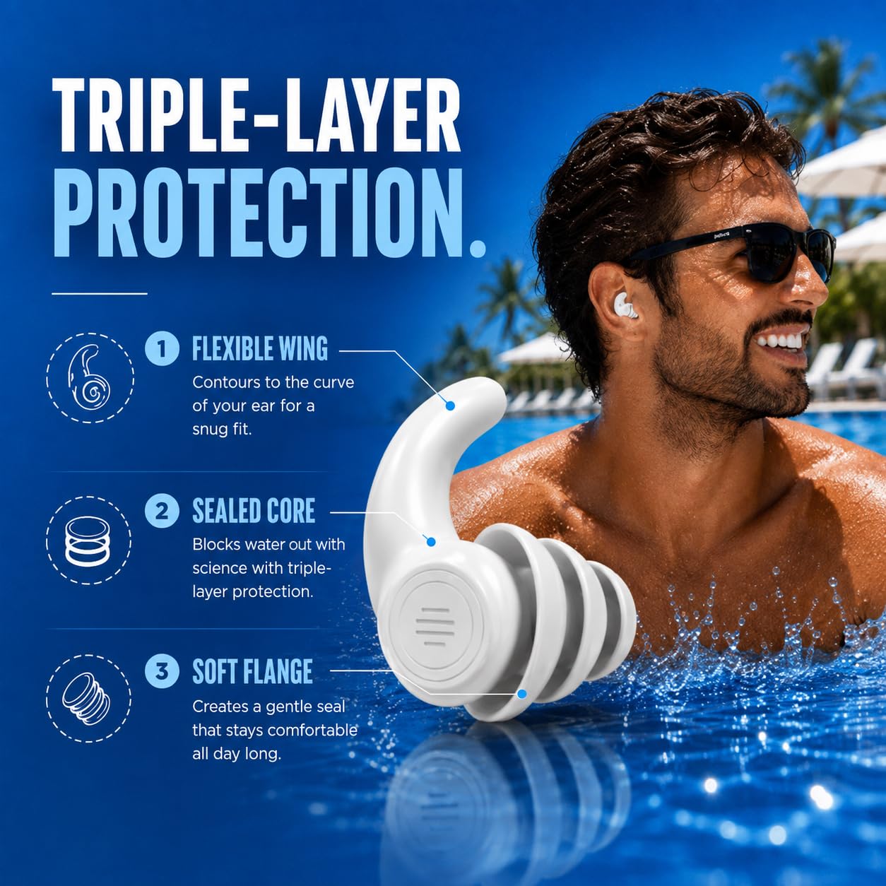 Pro Swim Tapones para los oídos, 3 pares, impermeables, reutilizables, de silicona, para natación, surf, esnórquel y todos los deportes acuáticos, negro, blanco, gris