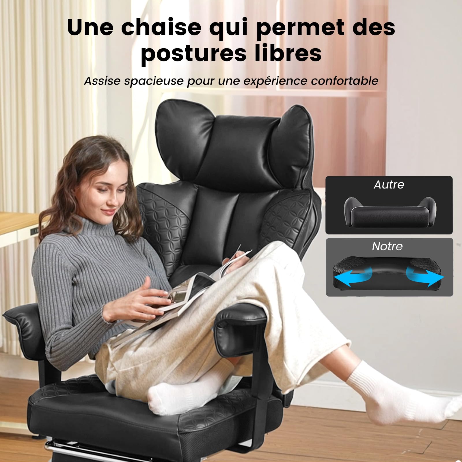 COMHOMA Chaise de gaming ergonomique, chaise de bureau avec accoudoirs réglables, soutien lombaire à ressorts pour grandes et hautes personnes, 150 kg, large assise, noir