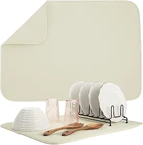 S&T INC. Dish Drying Mat XL, 18” x 24”, Absorbent Microfiber Kitchen Counter Mat, Drying Pad for Dishes, Utensils, Pots and Pans, Extra Large, Diamond Texture, Cream