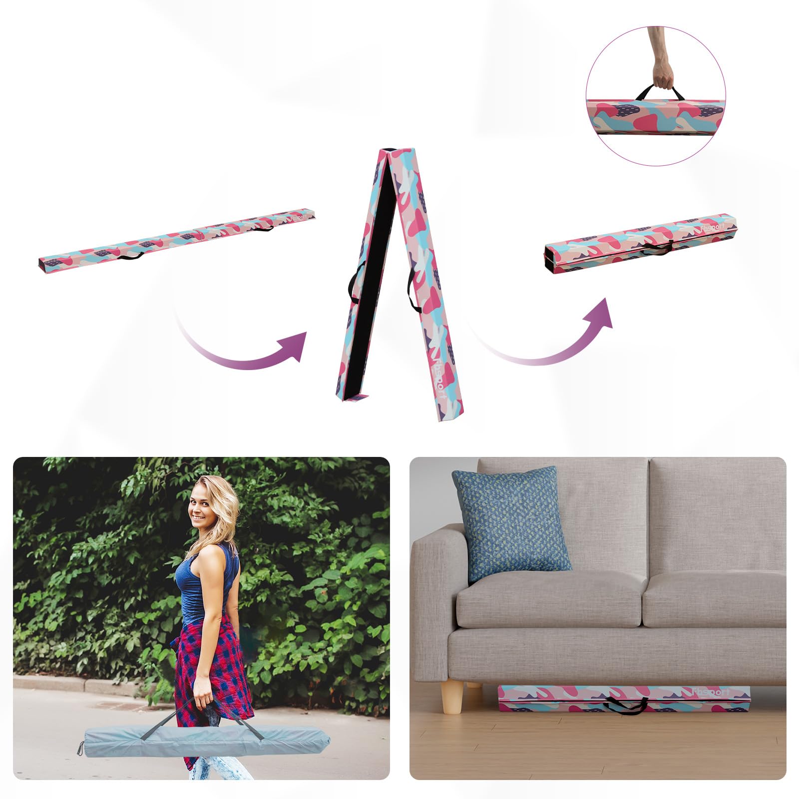 FBSPORT Trave Ginnastica Artistica per Casa 240/270/300 cm in Pelle PU, Trave di Equilibrio Pieghevole con Fondo Antiscivolo per Bambini, Principianti e Ginnasti Professionisti