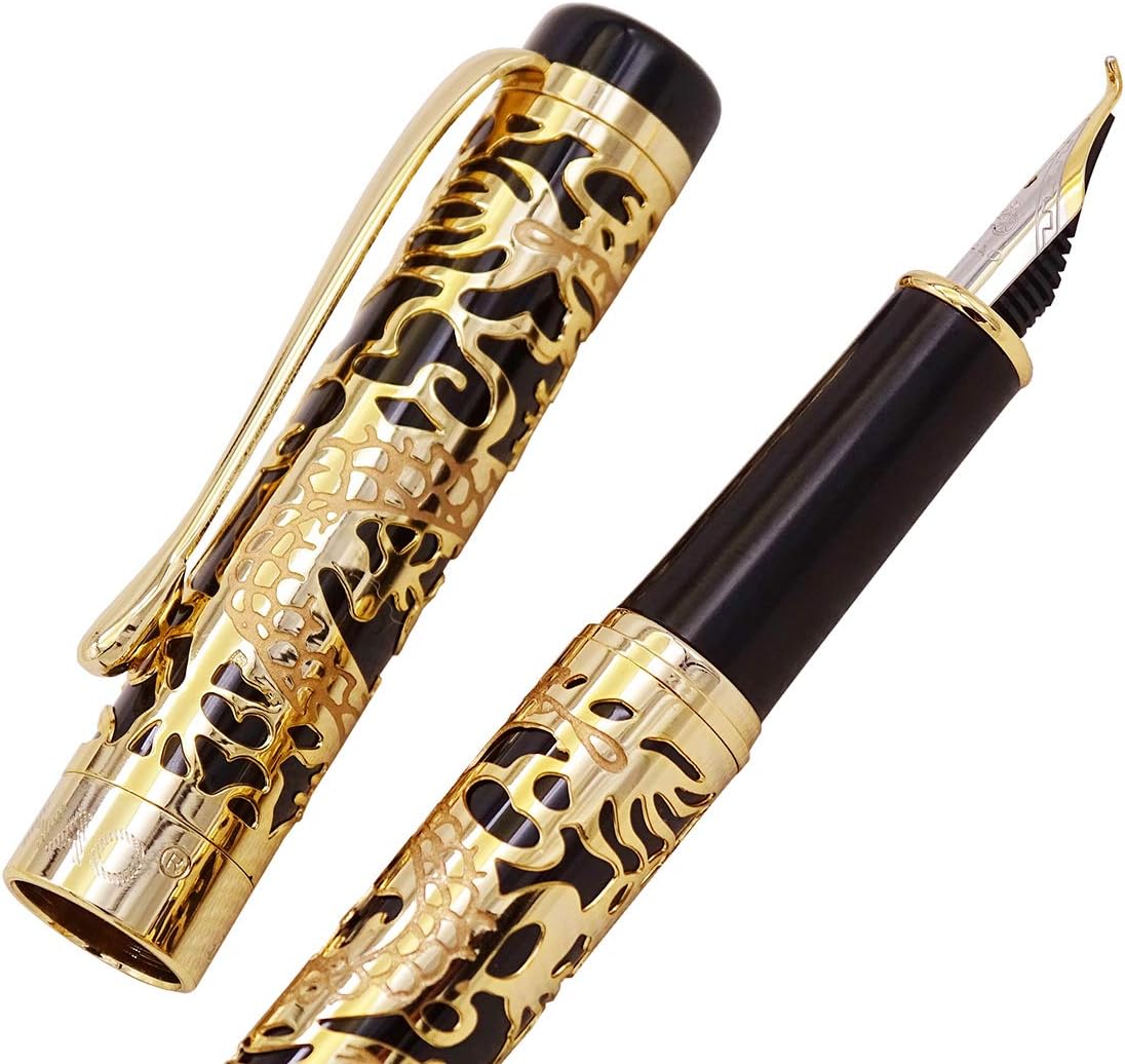 Jinhao 5000 Century Fountain Pen Bent Nib, Black Fude Pen Dragon Embossed with Pen Pouch Set