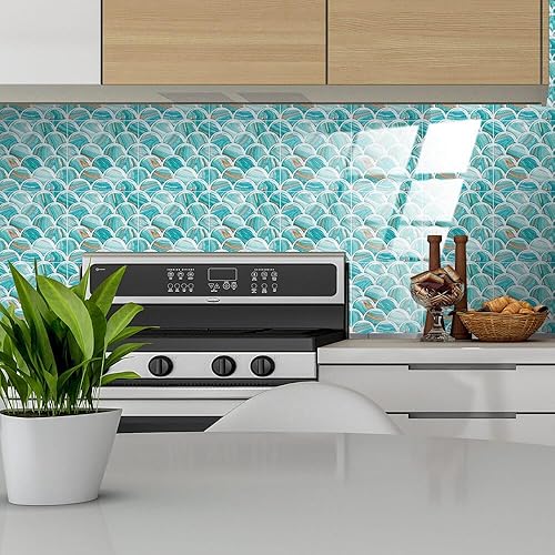 Miniatura 8 de Lukery 25 hojas de azulejos de despegar y pegar, impermeables, contra salpicaduras para cocina, escamas de peces 3D, azulejos autoadhesivos,