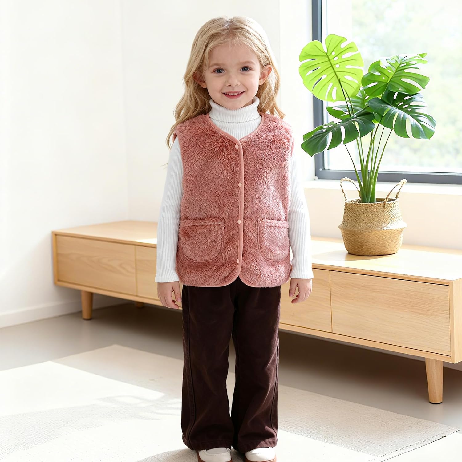 Kids Fleece Sherpa Vest, Lightweight Sleeveless Jacket with Snap Buttons, Fall Winter Outerwear for Boys Girls 2-7T - Image 2