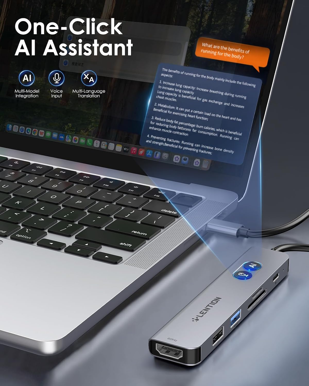 LENTION CA18 Smart Multi-AI USB C Hub, Voice Type, NFC Sticker, 2ft Cable | All-in-one GoStar AI System, Stable Driver 3.0, 4K@60Hz HDMI, 100W PD, for MacBook Pro/Air, Mac, Surface, Chromebook
