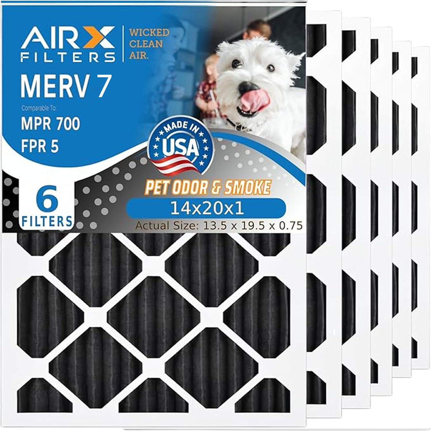 AIRx Filters WICKED CLEAN AIR 14x20x1 Odor Eliminator Carbon Air Filter MERV 7 AC HVAC Furnace Filters 6 Pack