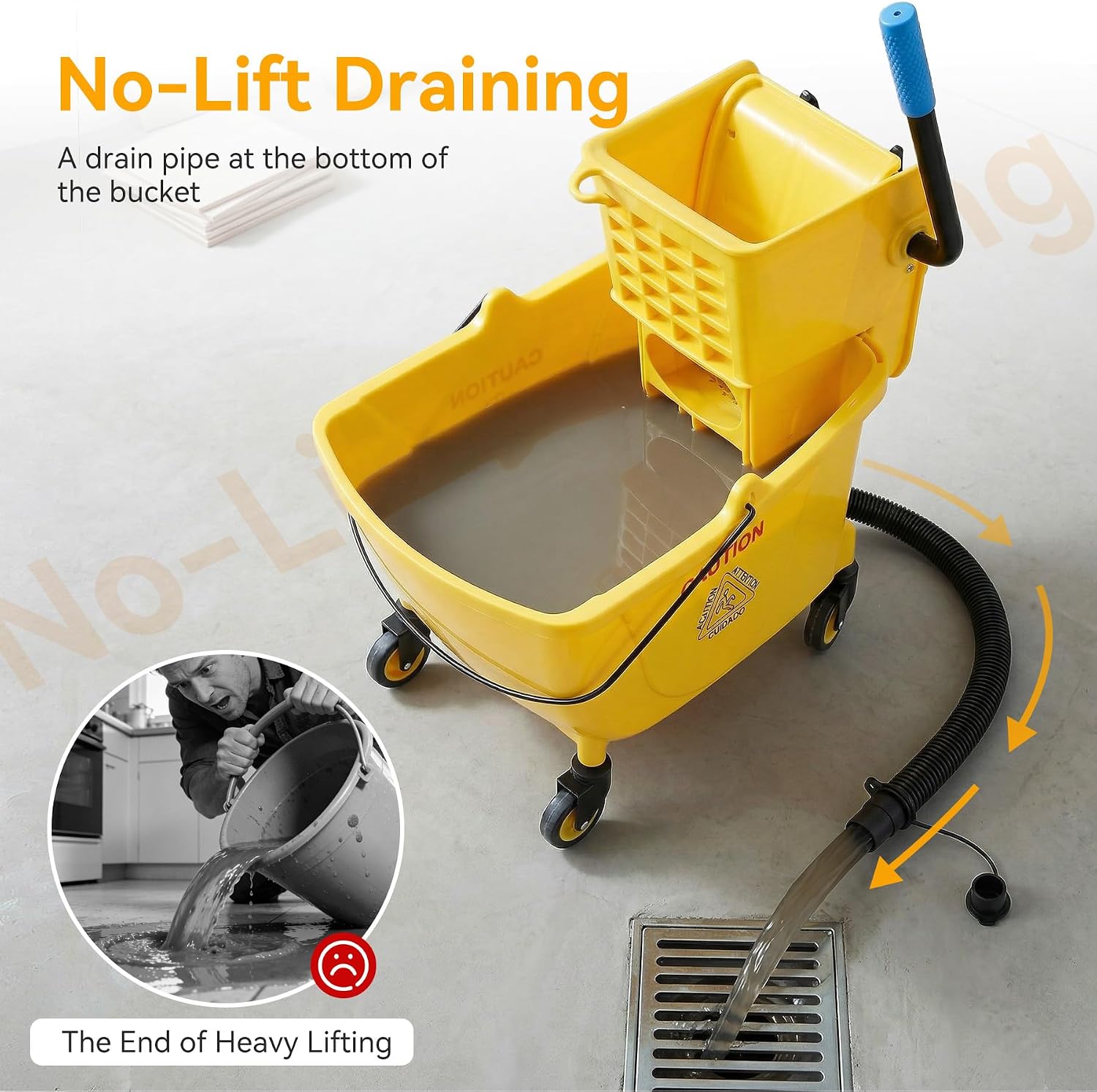 38 Qt Commercial Mop Bucket with Side Press Wringer on Wheels, Including Wet Floor Caution Sign, 1 Heavy Duty Industrial Mop, 1 Mop Head Replacement and a Pair of Gloves