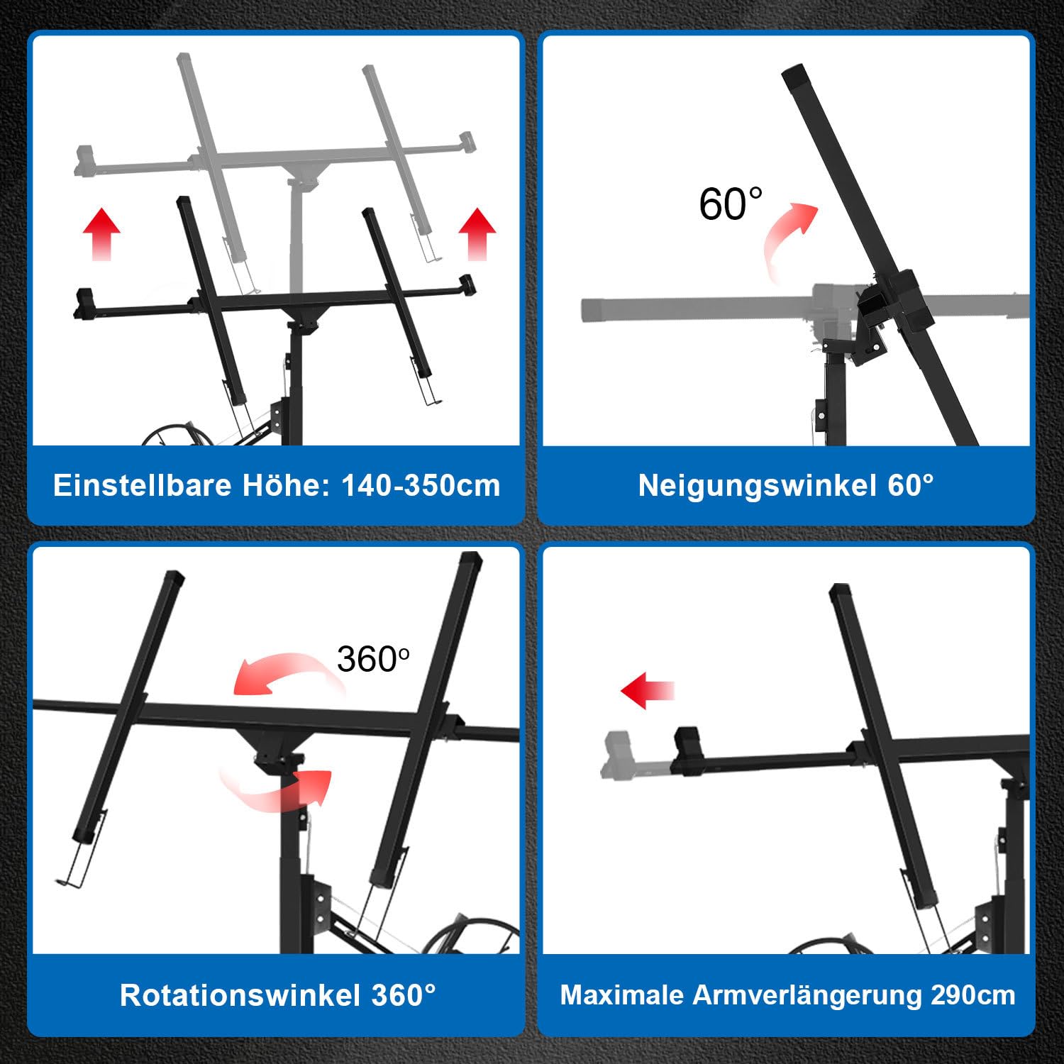 Plattenheber für Gipskarton, 68 kg, 132–325 cm, Decken & Trockenbau, Schwarz