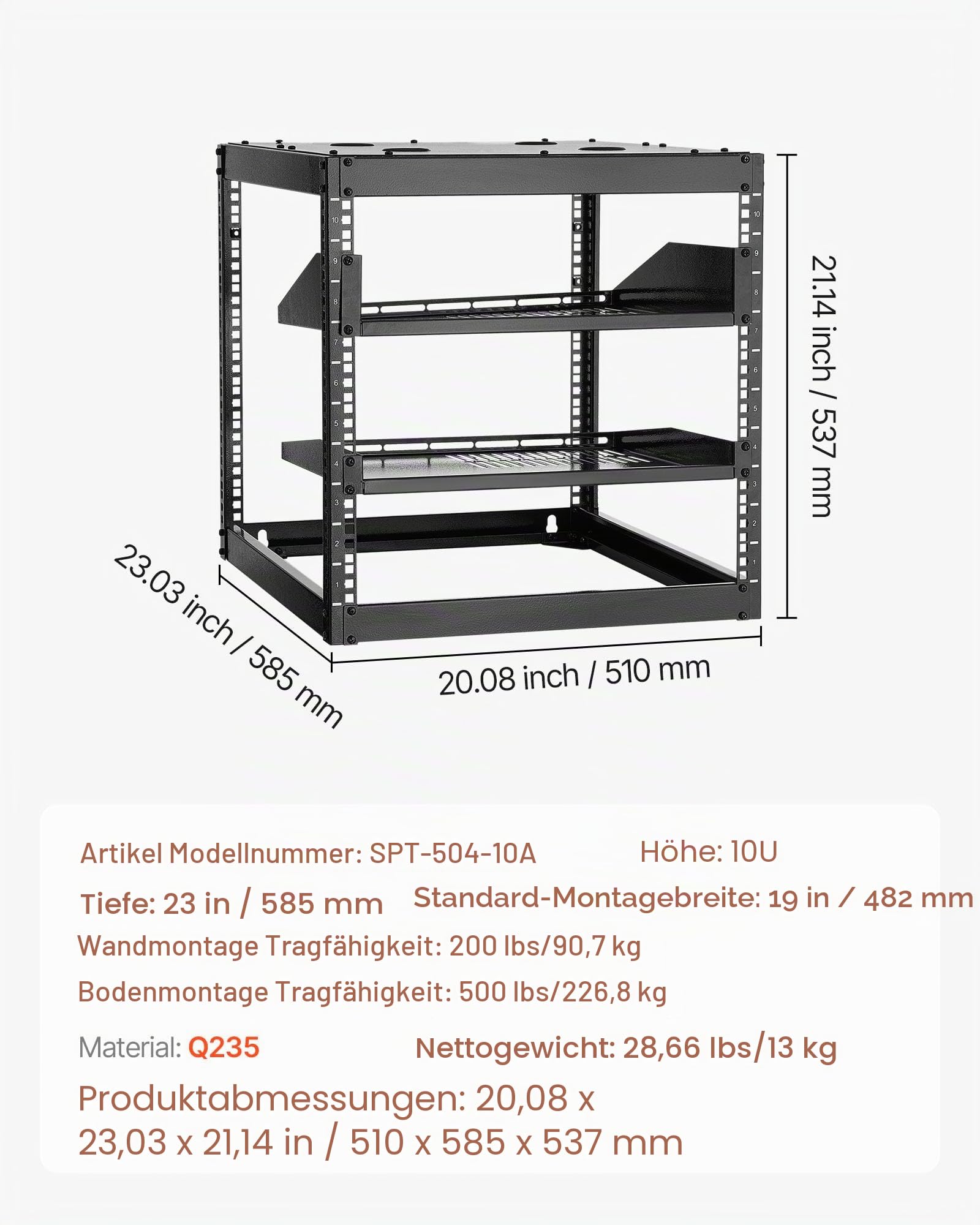 VEVOR 10U Open Frame Netzwerk-Rack, 585 mm Tiefe, Wandmontage oder als Stand-Server-Rack, 4-Pfosten-Konstruktion, mit belüfteten Regalen & Montagezubehör, für All Netzwerk-IT-Geräte &AV-Ausrüstung