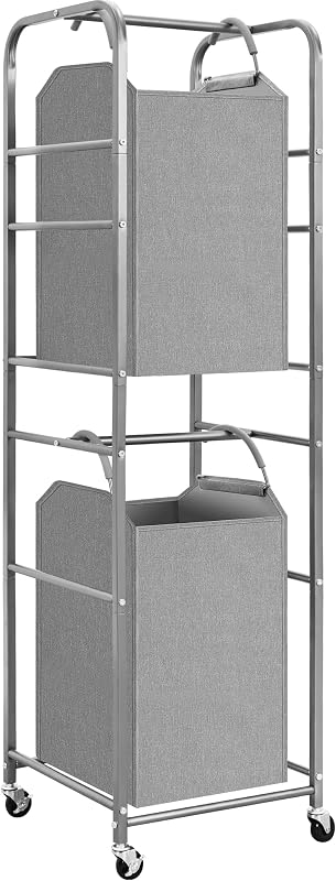 STORAGE MANIAC 2 Tier Vertical Laundry Hamper, 2 Section Laundry Sorter with 2 Removable Tote Bags, Rolling Clothes Basket for Towels, Blankets, Tall Dirty Clothes Hamper for Closet, 2 Bags Gray