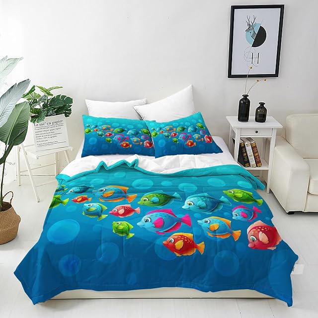 ANHOPE Colorful Fish Duvet Cover Set Soft Microfibre Polyester Quilt Cover 3 PCS Bedding Set with 2 Pillowcase Ocean Tropical Fish Print Pattern Comforter Cover with Zipper Single (135 x 200 cm)