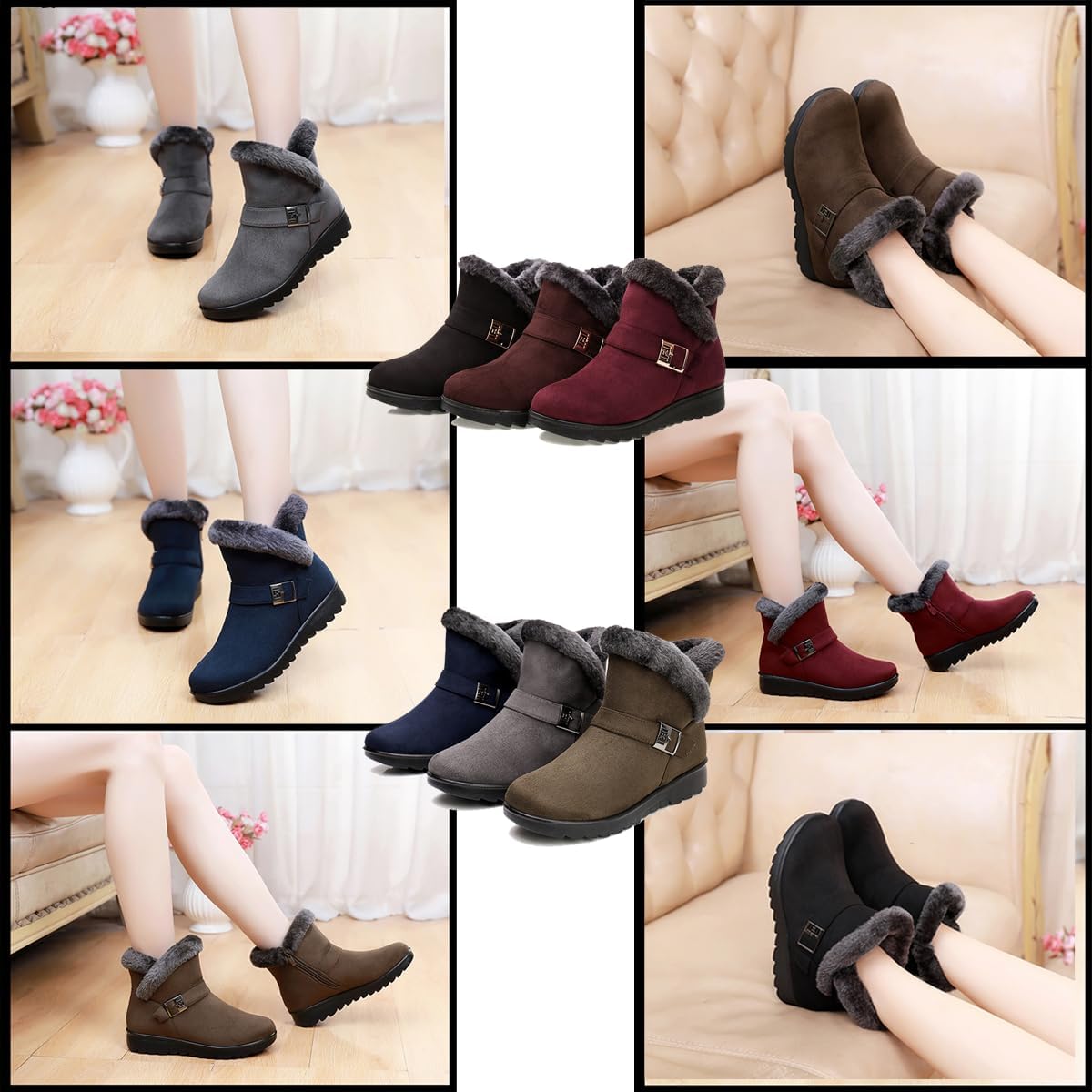 Women's Winter Warm Fur Lined Snow Boots,Buckle Suede Waterproof Zipper Anti-slip Warm Snow Short Booties,Winter Boots for Women Fashion Dressy