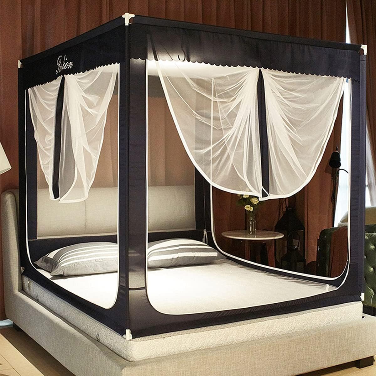 Bedroom Mosquito Net Canopy for Double and Single Bed with U-Shaped Zipper Doors Insect Screen Mesh Polyester Tent Curtains Easy Installation,Blue,200×220×170CM