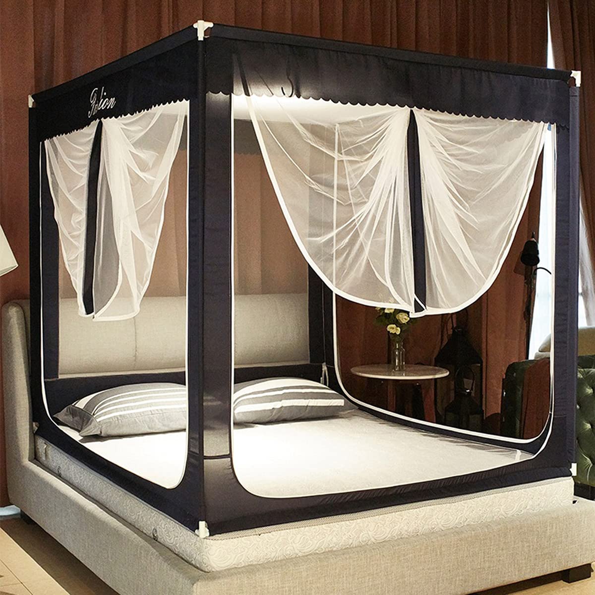 Moustiquaire pour lit double 150x200cm en polyester bleu avec portes à glissière en U