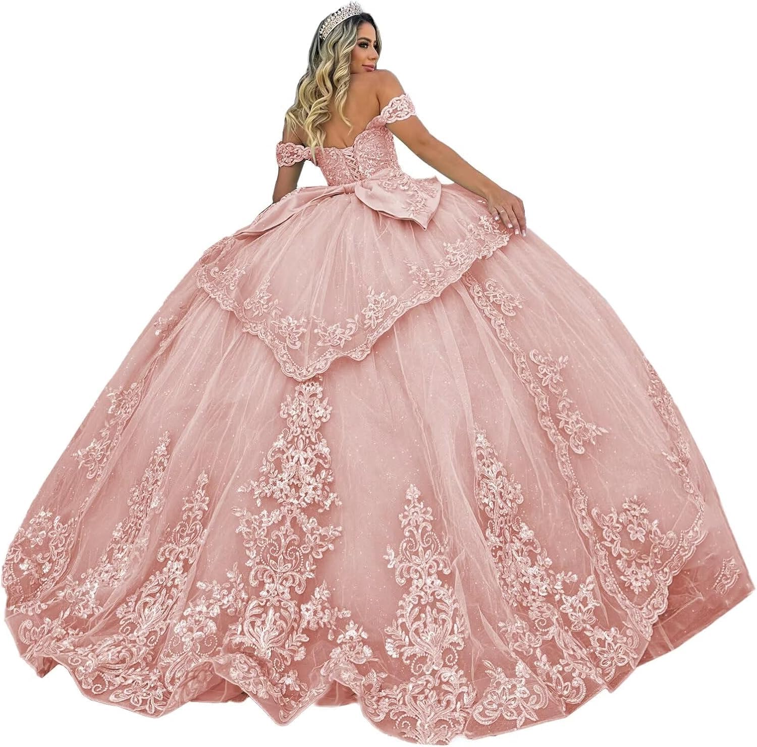 Fuomomo Tulle Quinceanera Dresses Ball Gown Sparkly Lace Appliques Quinceanera Dresses Off Shoulder Long Princess Prom Dress MT038 Dusty Rose