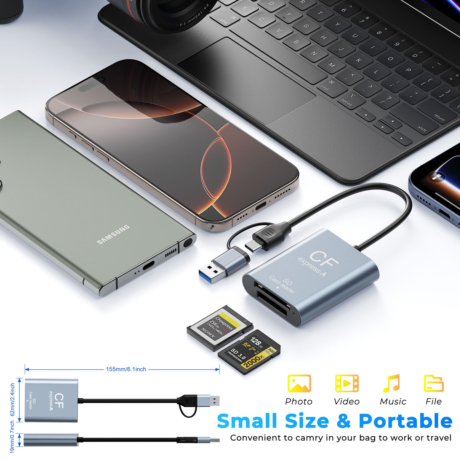 USB3.2 Gen2 10Gbit/s Lecteur de Carte CFexpress Type A et SD, 2 en 1 USB-C et USB-A Lecteur de Carte Mémoire CF Express Type A,CFexpress Type A & SD Card Reader pour Windows/Mac/Linux/Android
