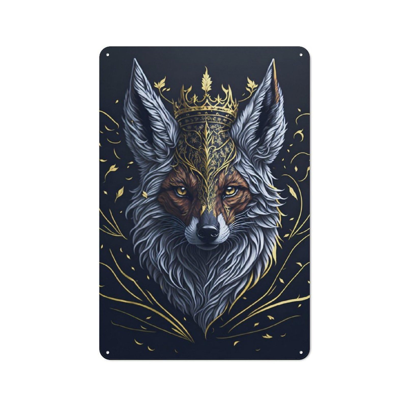 Junmoney Golden Crown Fox Character Metal Wall Decor 30X20cm, Vintage Metal Sign For Home, Shop, Pub Or Studio Wall
