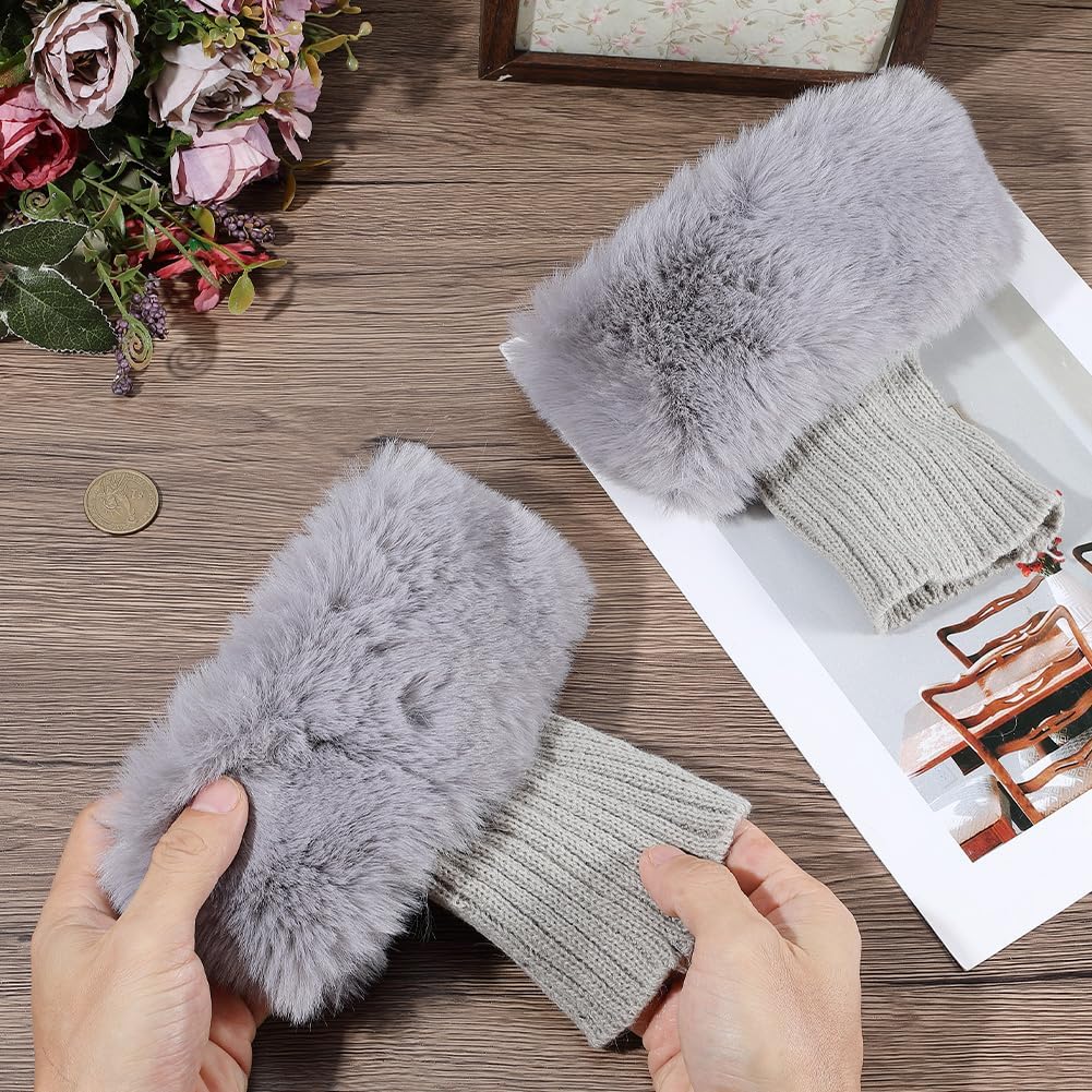 Grey Short Knit Fabric Furry Boot Top Cover Cuff Socks Toppers Knitted Fuzzy Leg Warmers Winter Soft Faux Fur Plush Leg Cuffs Bulk for Women Christmas Daily Outfit Outing Accessories - Image 3