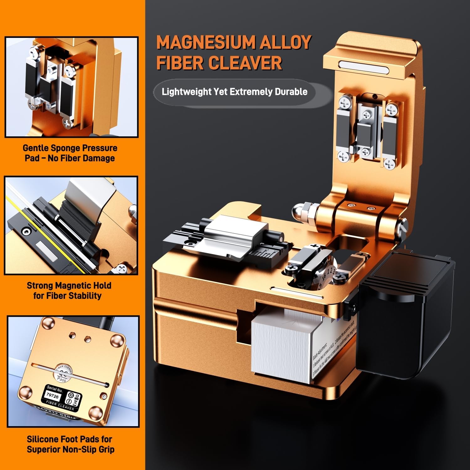 Optical Fiber Cleaver, High Precision FTTH Fiber Optic Cutter with 16 Cleave Positions & Blade Life up to 48,000 Cuts, for 0.25mm, 0.9mm, 3.0mm Fibers, with Scrap Collector