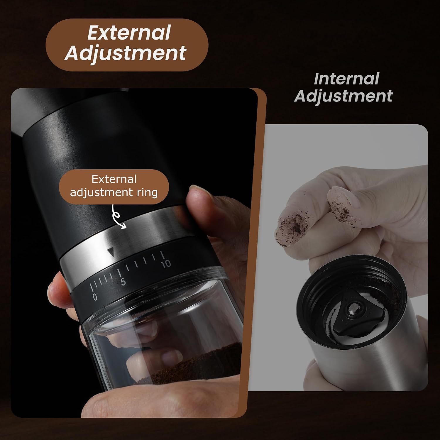 VEVOK CHEF Manual Coffee Grinder 10 External Adjustment Fashion Bean Grinder Stainless Steel Double Bearing Conical Burr Portable Hand Coffee Mill for Home,Camping,Silver