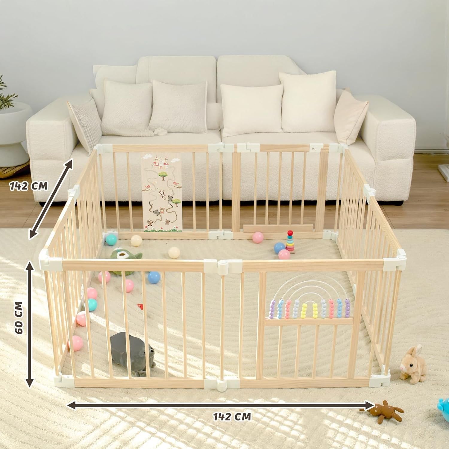 Baby Laufstall mit Spielzeug, Faltbares Holz Laufgitter 145×145×61cm | Sicherer & stabiler Großes Babys Laufgitter,Nachhaltiger Laufstall,Fröhliche Krabbelbereich für 1-3 Jahren Babys＆Kleinkinder