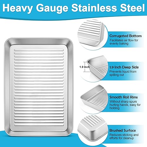 Miniatura 3 de TeamFar Moldes rectangulares para tartas, de acero inoxidable de 9.4 pulgadas, para hornear lasaña para horno tostador, fondo corrugado y superficie
