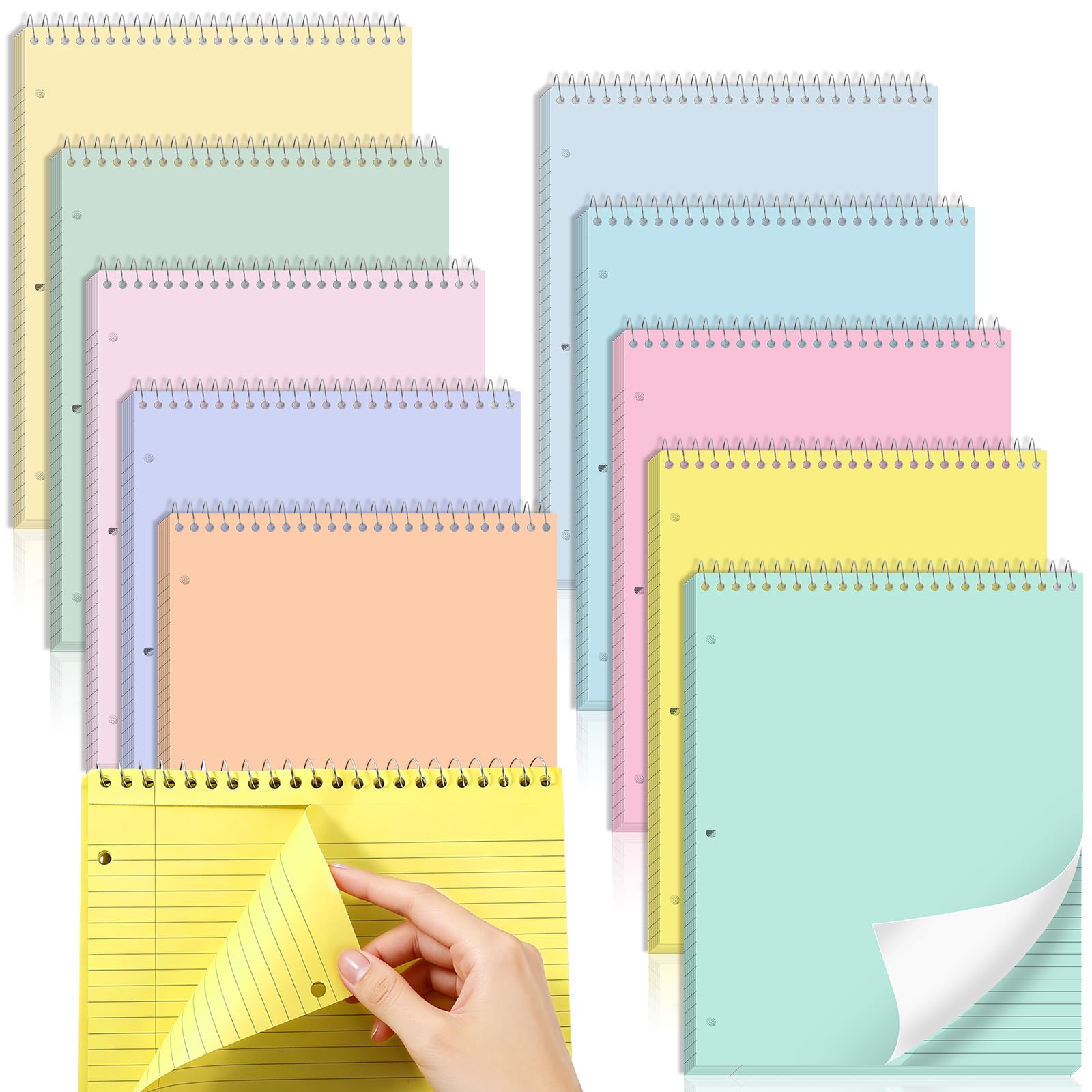 10 Packs 8.5 x 11 inch Top Spiral Notebook with 3 Hole Punched Legal Pads 40 Sheets College Ruled Notepad Hard Cardboard Paper Wirebound Pads for Business School Office Home Supplies (Pastel)