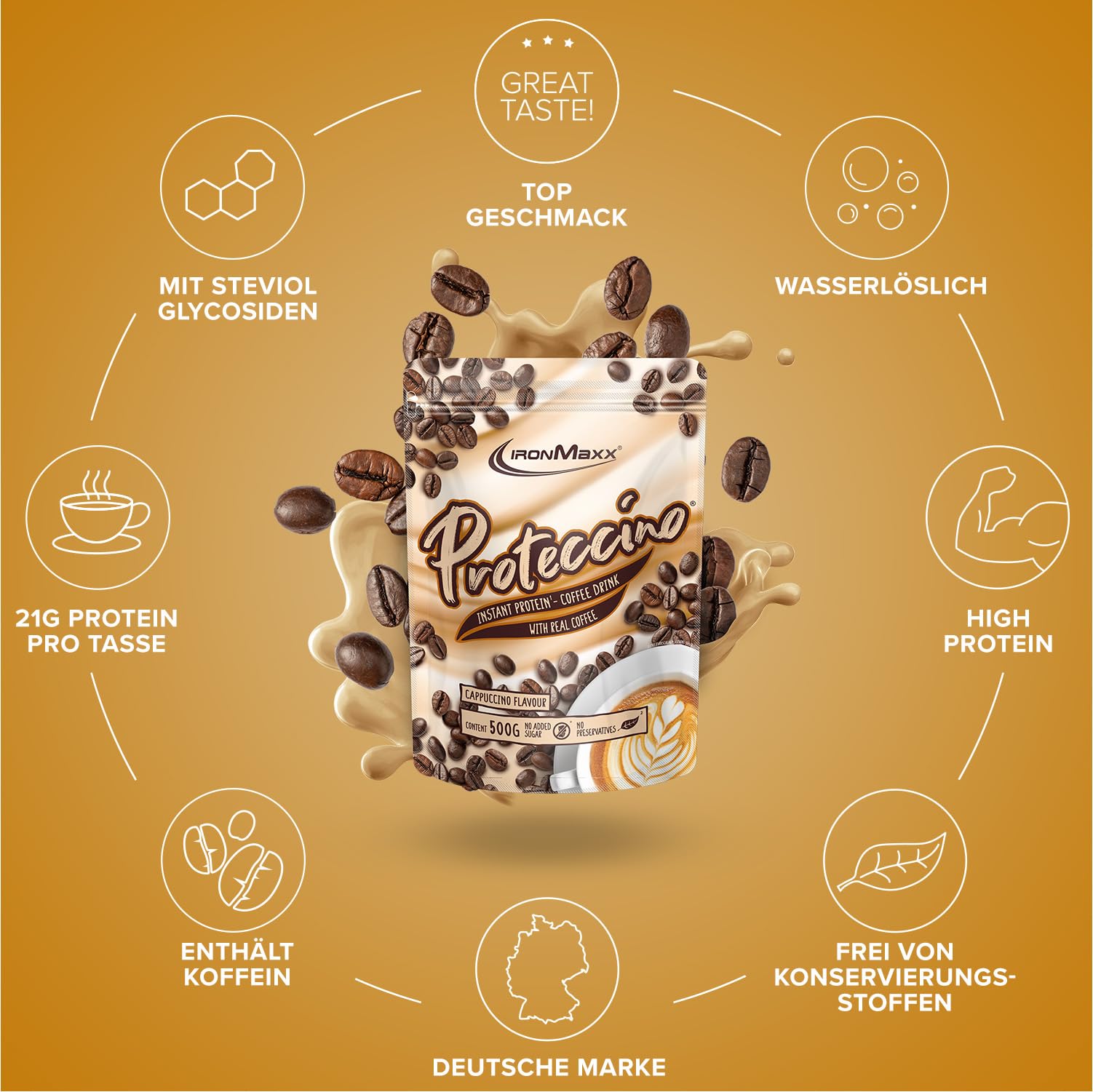 IronMaxx Proteccino - Cappuccino 500g Beutel | Protein Kaffee mit echtem Kaffee-Extrakt und Koffein | Ohne Zuckerzusatz und Konservierungsstoffe