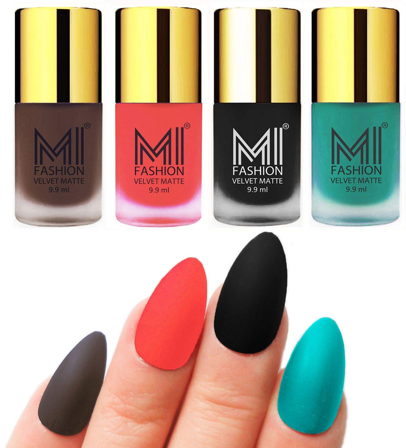MI FASHION Modern Velvet Matte Lacquer Nail Paint Combos Endless Glam 9.9ml Each Coffee, Neon Orange, Black, Sky Blue (Pack Of-4)-image-5