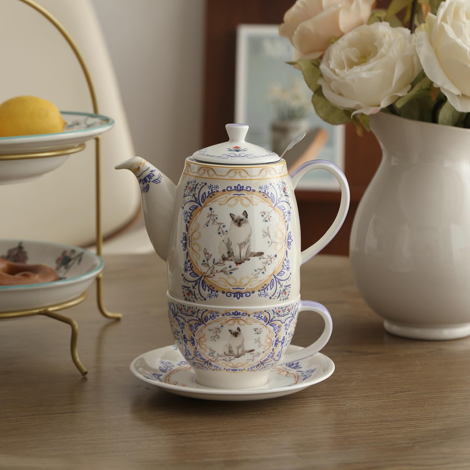 London Pottery Service à thé Aternoon en porcelaine anglaise pour 1 personne, théière, tasse et soucoupe à motif animal (chat)