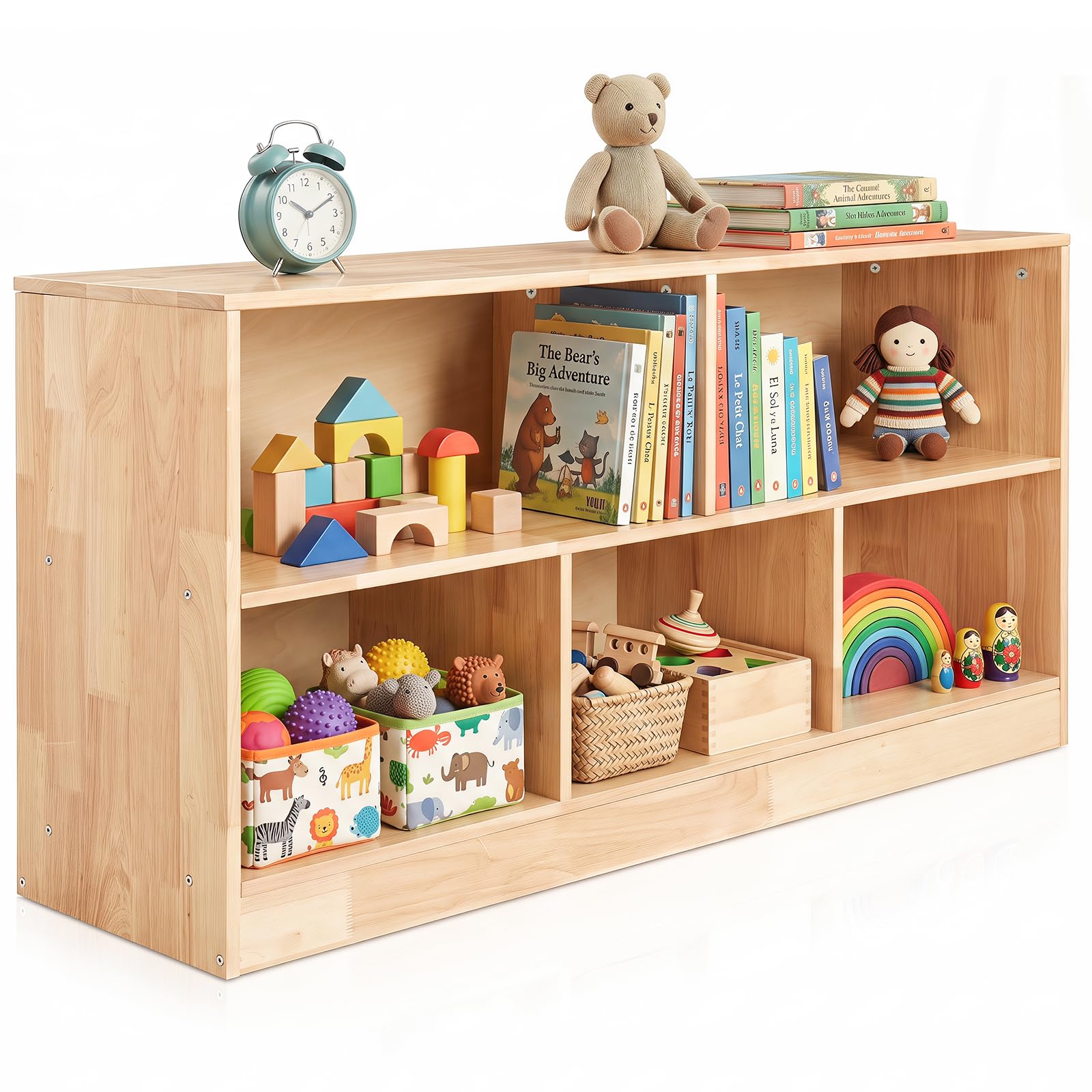 Solid Rubber Wood Kids Storage Cabinet, 5-Section Toddler Montessori Bookshelf, Kids Organizer for Classroom, Playroom, Kindergarten, Large Size