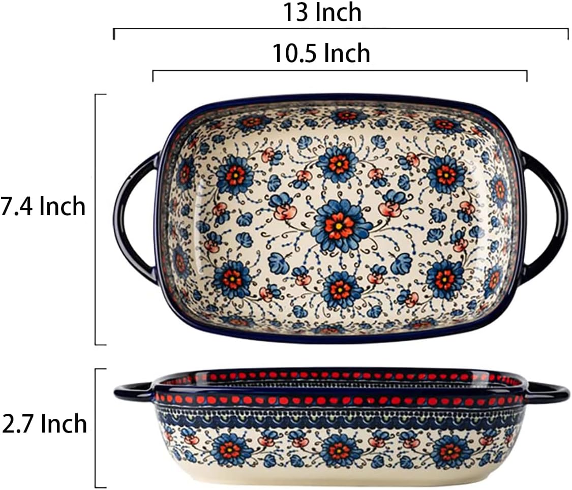 Vintage Style Pottery Bakeware Ceramic Casserole Dish Baking Pan Lasagna Pans Baking Dish with Handles for Oven/Cooking/Kitchen-1 PCS, Large Capacity, 60 OZ