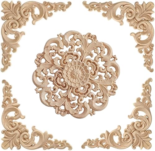 EQGWFZ 5 piezas de apliques de madera sin pintar Onlays para puerta de cama, armario, muebles, decoración tallada en madera, apliques de madera de