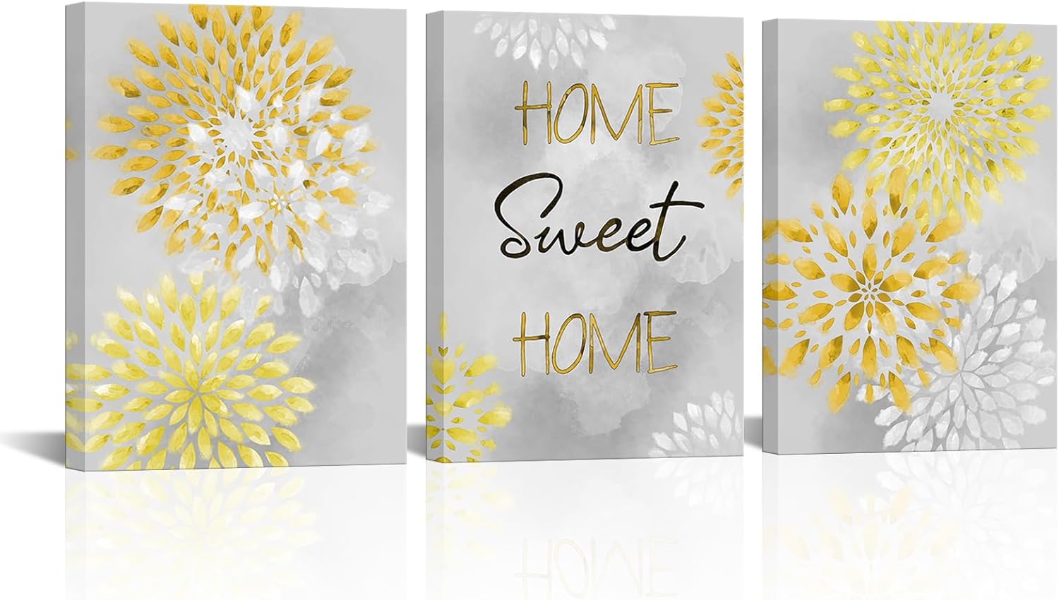 sechars Home Sweet Home Signs Wall Decor Yellow and Grey Kitchen Bathroom Wall Art Dahlia Flower Painting Canvas Prints Framed (Yellow)