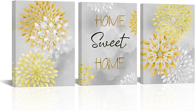 sechars Home Sweet Home Signs Wall Decor Yellow and Grey Kitchen Bathroom Wall Art Dahlia Flower Painting Canvas Prints Framed Yellow