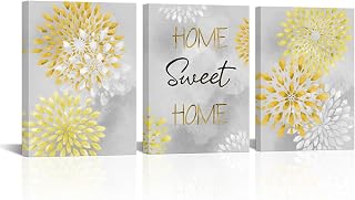sechars Home Sweet Home Signs Wall Decor Yellow and Grey Kitchen Bathroom Wall Art Dahlia Flower Painting Canvas Prints Framed (Yellow)