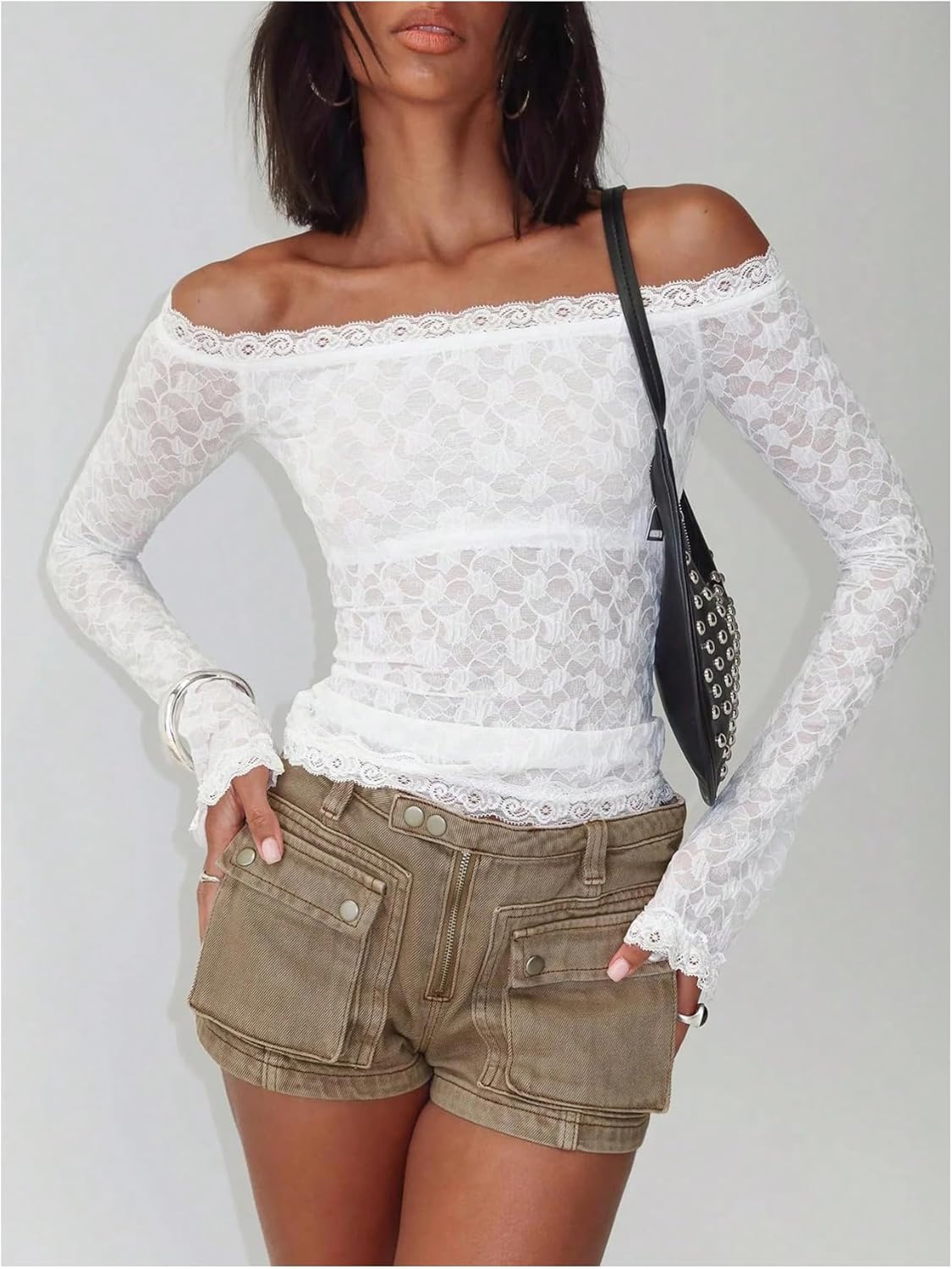 Floerns Women's Floral Lace Off Shoulder Tops Long Sleeve Ruched Mesh Date Night Tee Tops - Image 2