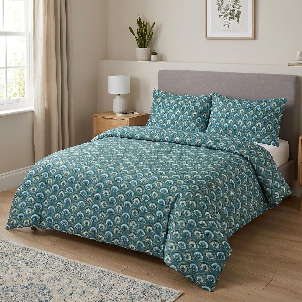 M&J Home 3 Piece Double Duvet Cover Set, Floral Peacock Teal, 100% Natural Cotton, 144 Thread Count, OEKO-TEX Certified, Button Closure, Includes Duvet Cover & Pillowcases
