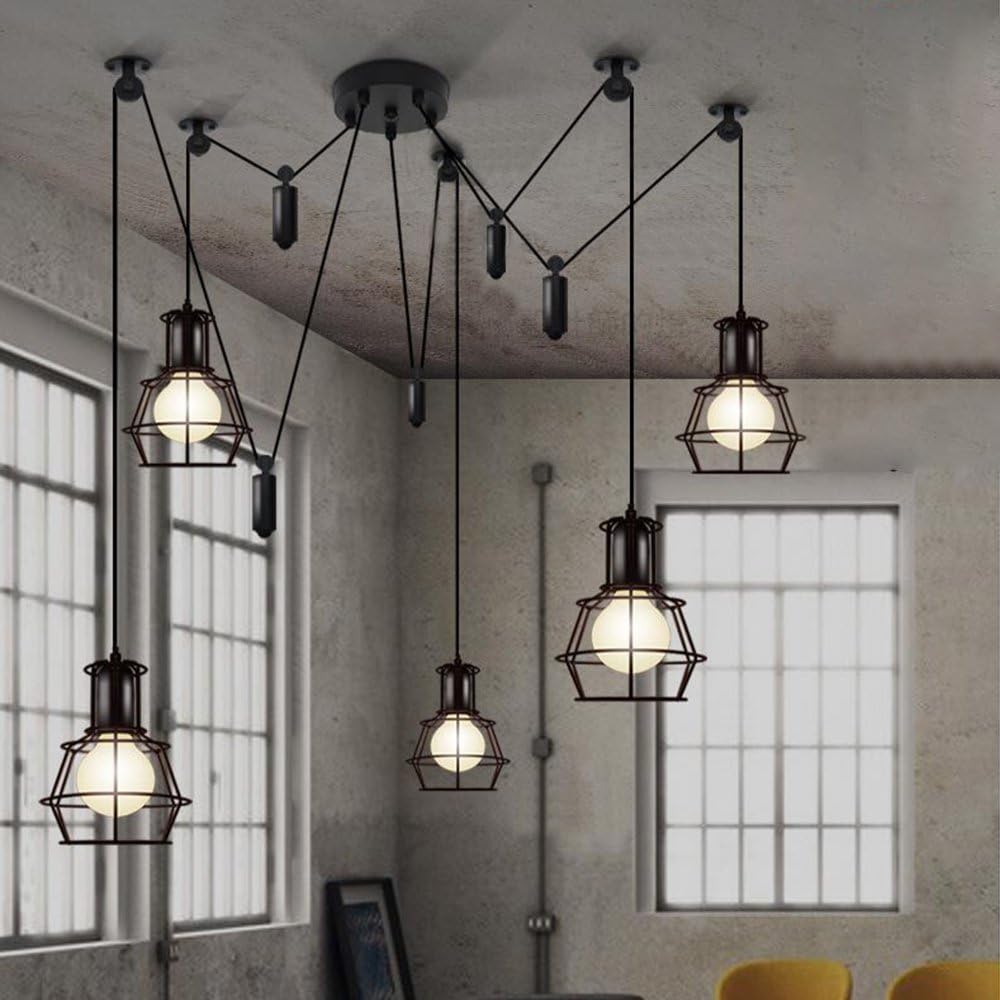 Blасk Frіdау - 80% оƒƒ BAYCHEER HL371339 Industrial 5 Lights Chandelier Pulley Cage Shade LED Pendant Lighting Hanging Lamp Ceiling Lights Lantern Style with Cage Frame for Indoor Bar Warehouse Hallway in Black
