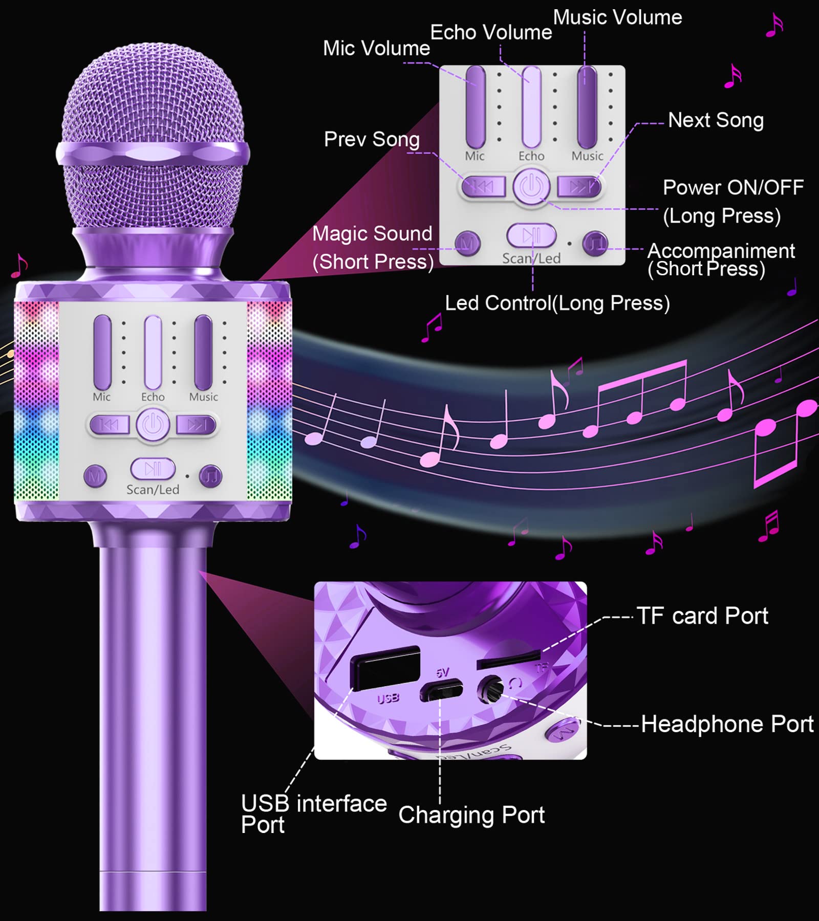 Karaoke-machine, draagbaar, karaoke systeem met 2 microfoons, Bluetooth karaoke set voor kinderen en volwassenen, met stemwisselende effecten en ledverlichting, voor jongens en meisjes, cadeau